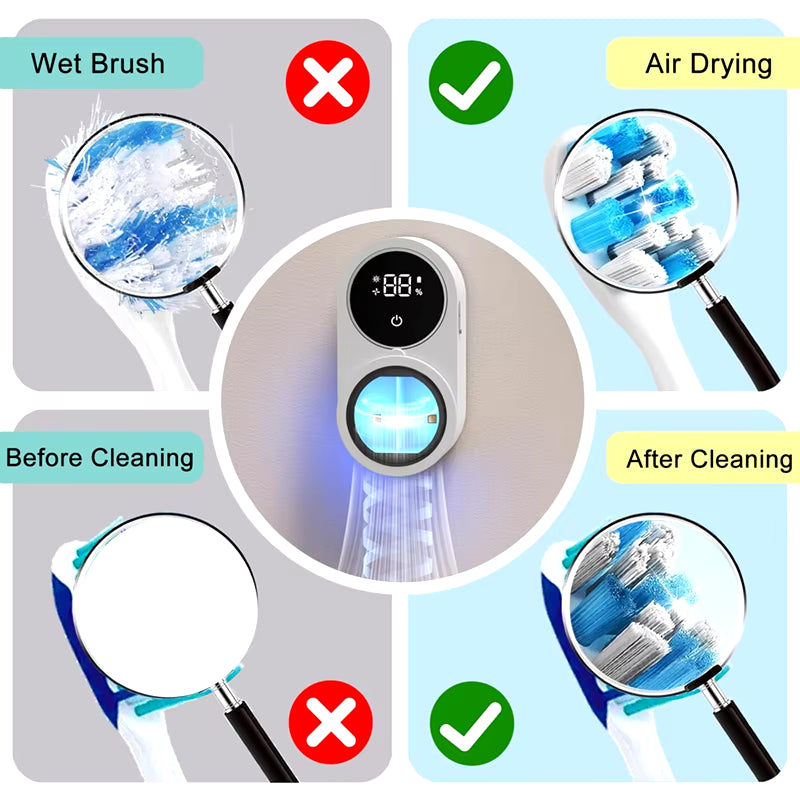 Wall Mounted Toothbrush Holder and Cleaner Smart Light Cleaning and Fan Drying Automatic Rotating Cover Toothbrush Case