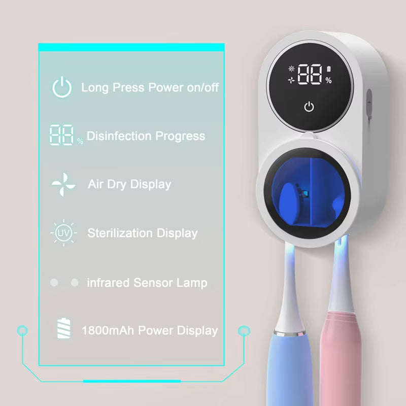 Wall Mounted Toothbrush Holder and Cleaner Smart Light Cleaning and Fan Drying Automatic Rotating Cover Toothbrush Case