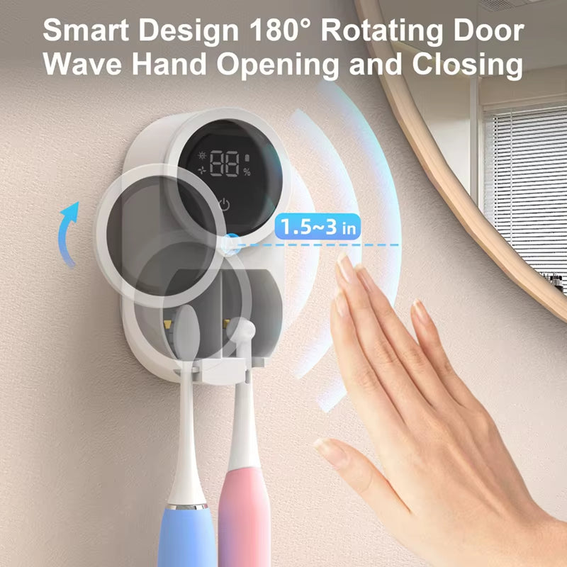 Wall Mounted Toothbrush Holder and Cleaner Smart Light Cleaning and Fan Drying Automatic Rotating Cover Toothbrush Case